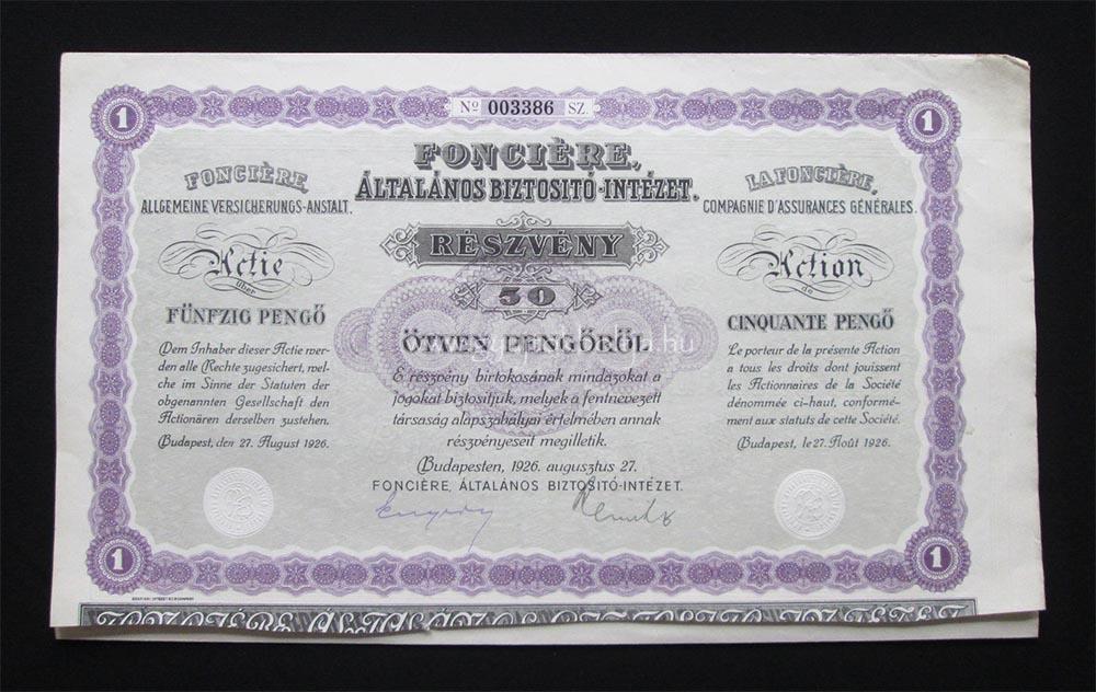 Fonciére Általános Biztosító részvény 50 pengõ 1926